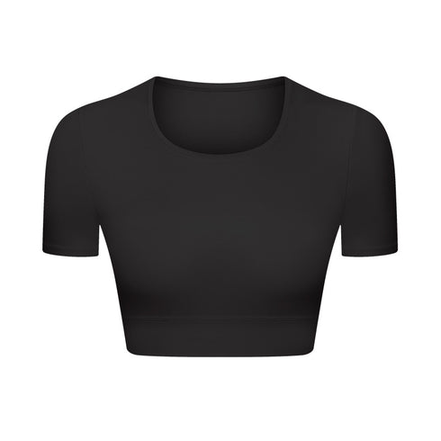 Women's Athletic Yoga Crop Round Neck T-Shirt Bra Pads