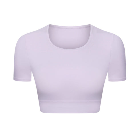 Women's Athletic Yoga Crop Round Neck T-Shirt Bra Pads