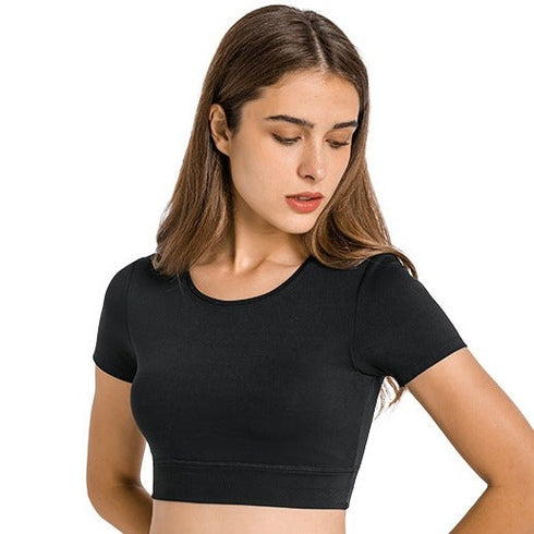 Women's Athletic Yoga Crop Round Neck T-Shirt Bra Pads
