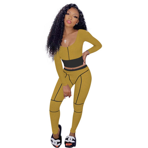 Women's Bare Waist Splicing Leisure Pit Strip Two Piece Outfits