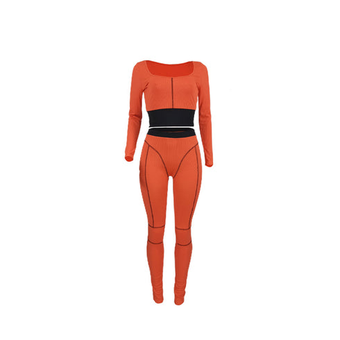 Women's Bare Waist Splicing Leisure Pit Strip Two Piece Outfits