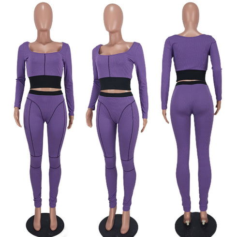 Women's Bare Waist Splicing Leisure Pit Strip Two Piece Outfits