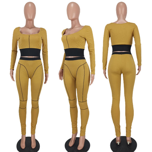 Women's Bare Waist Splicing Leisure Pit Strip Two Piece Outfits