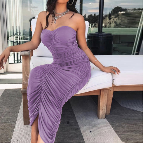 Women's Bodycon Wrap Hip Pleated Long Dresses