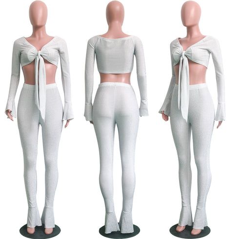 Women's Bow Tie Sexy Two Piece Outfits Bell-bottoms Pants