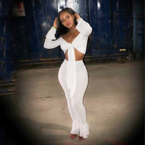 Women's Bow Tie Sexy Two Piece Outfits Bell-bottoms Pants