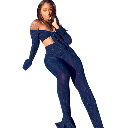 Women's Bow Tie Sexy Two Piece Outfits Bell-bottoms Pants