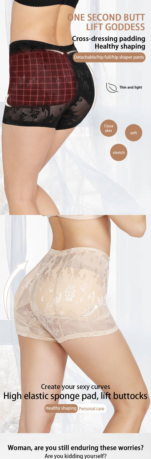 Women's Breathable Lightweight Panties Hip Pads Lace Boxer Shorts