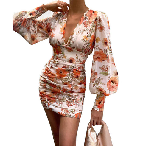 Women's Bubble Long Sleeve Pleated Bodycon Dresses