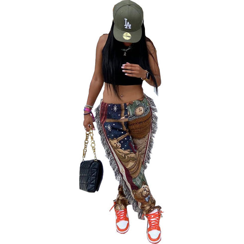 Women's Cartoon Print Fringed Straight Leg Pants