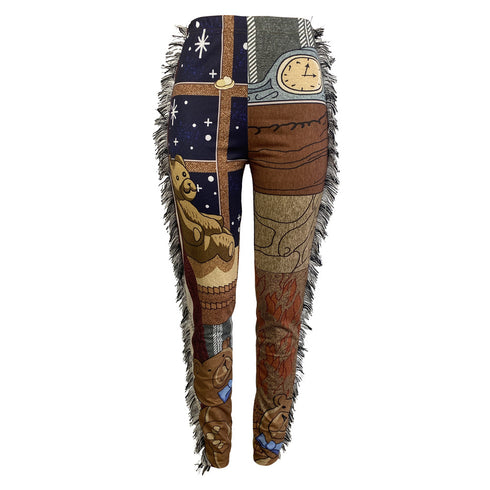 Women's Cartoon Print Fringed Straight Leg Pants