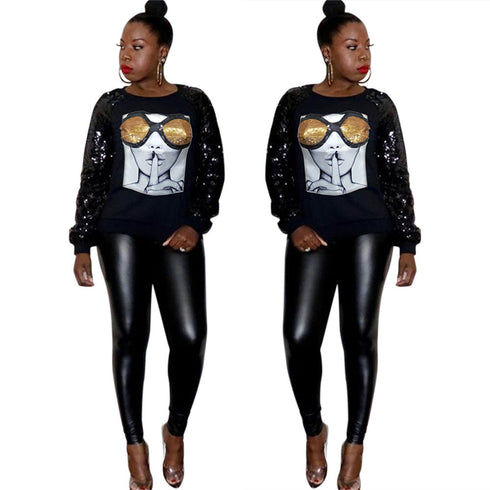 Women's Casual Long Sleeved Paillette Patchwork Sweatshirt