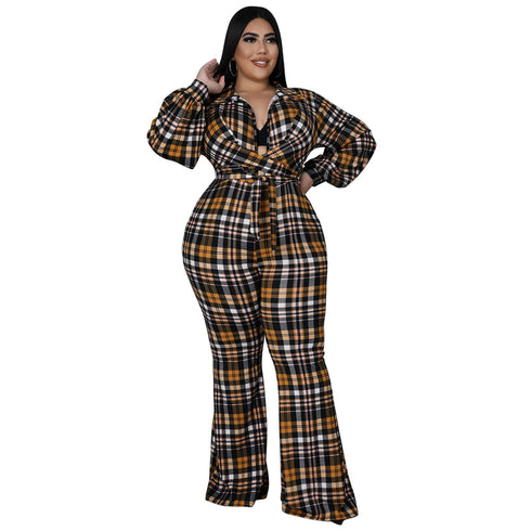 Women's Casual Loose Plus Size Plaid Print Jumpsuits