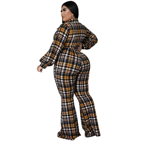 Women's Casual Loose Plus Size Plaid Print Jumpsuits