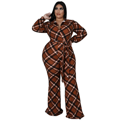 Women's Casual Loose Plus Size Plaid Print Jumpsuits