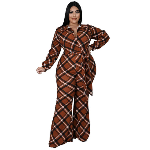 Women's Casual Loose Plus Size Plaid Print Jumpsuits