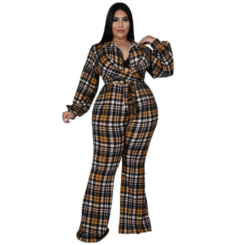 Women's Casual Loose Plus Size Plaid Print Jumpsuits