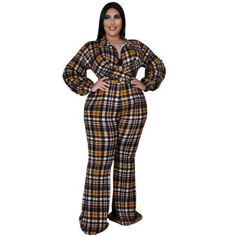 Women's Casual Loose Plus Size Plaid Print Jumpsuits