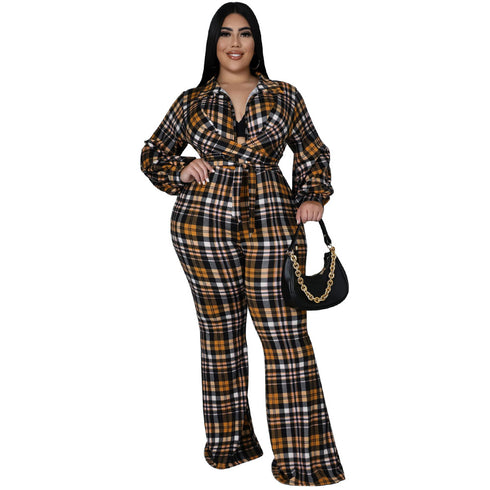 Women's Casual Loose Plus Size Plaid Print Jumpsuits