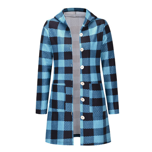 Women's Casual Plaid Button Down Hooded Long Coat