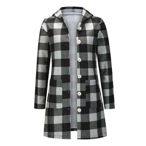 Women's Casual Plaid Button Down Hooded Long Coat