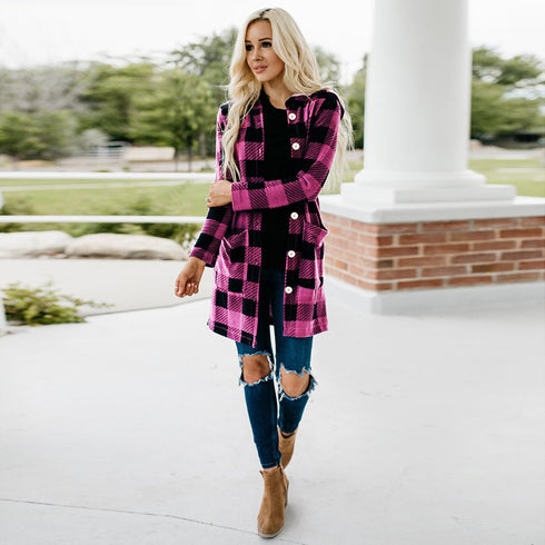 Women's Casual Plaid Button Down Hooded Long Coat