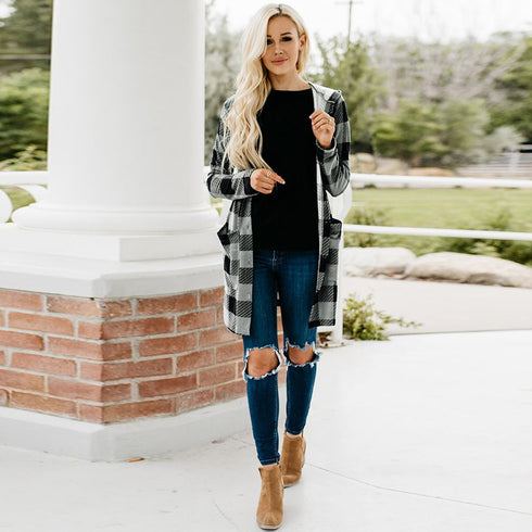 Women's Casual Plaid Button Down Hooded Long Coat