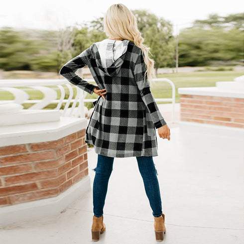 Women's Casual Plaid Button Down Hooded Long Coat
