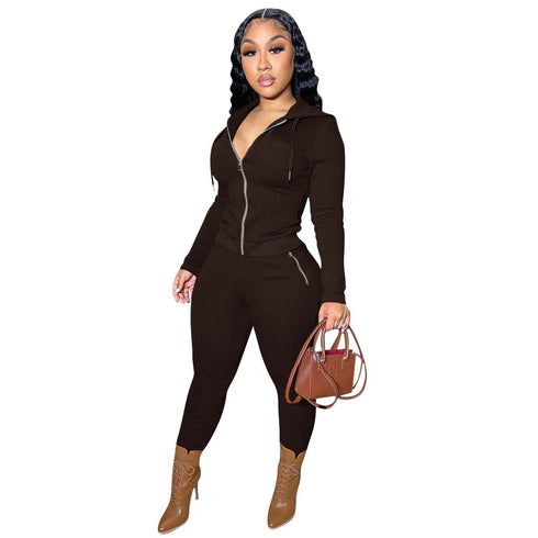 Women's Casual Solid Color Top Coat Long Pant Two Piece Set