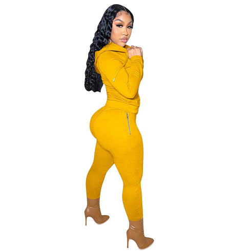 Women's Casual Solid Color Top Coat Long Pant Two Piece Set