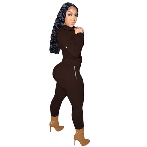 Women's Casual Solid Color Top Coat Long Pant Two Piece Set