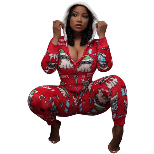 Women's Christmas Print V Neck Long Sleeve Jumpsuits