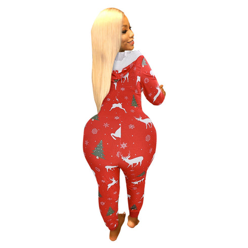 Women's Christmas Print V Neck Long Sleeve Jumpsuits