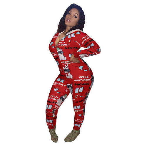 Women's Christmas Print V Neck Long Sleeve Jumpsuits