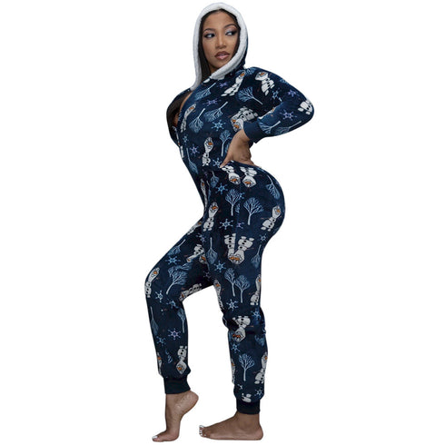 Women's Christmas Print V Neck Long Sleeve Jumpsuits