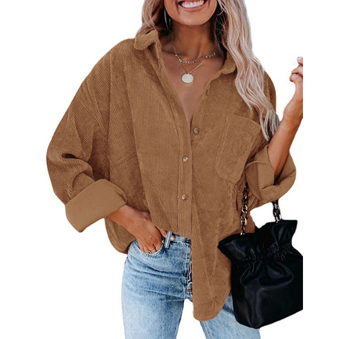 Women's Corduroy Loose Button Shirt Casual Blouse