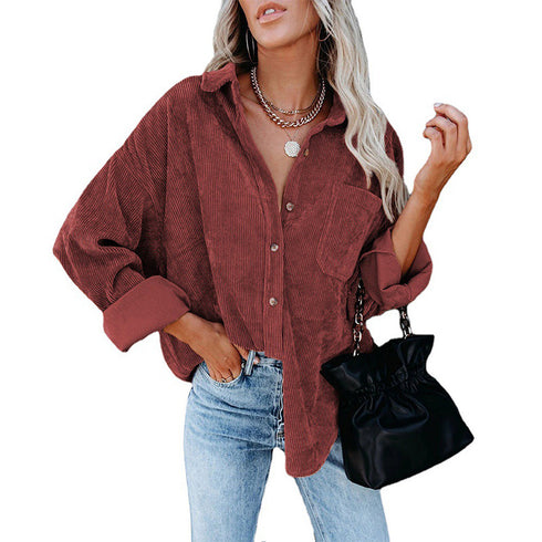 Women's Corduroy Loose Button Shirt Casual Blouse