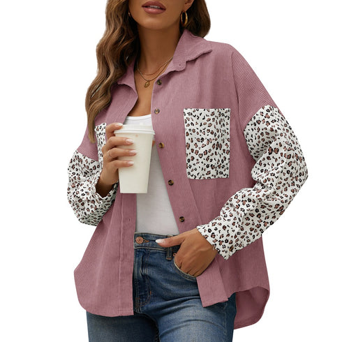 Women's Corduroy Loose Casual Leopard Button Shirt