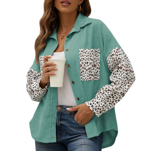 Women's Corduroy Loose Casual Leopard Button Shirt
