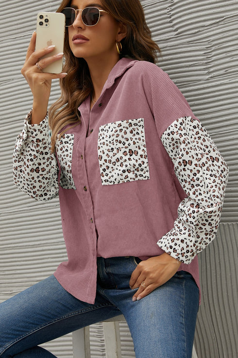Women's Corduroy Loose Casual Leopard Button Shirt