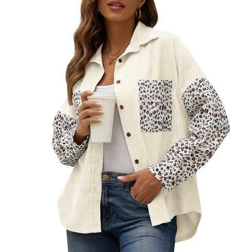 Women's Corduroy Loose Casual Leopard Button Shirt