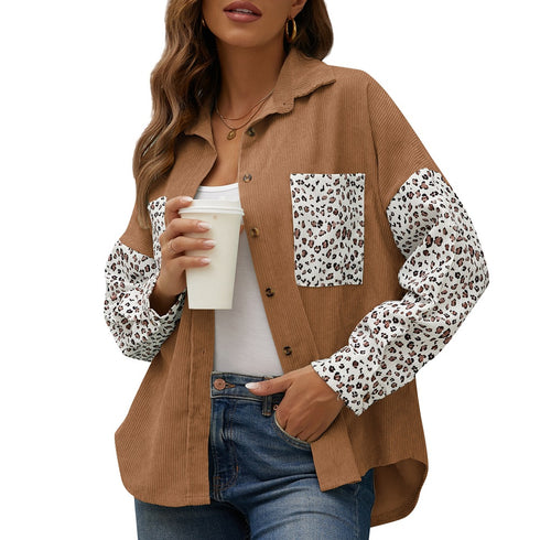 Women's Corduroy Loose Casual Leopard Button Shirt