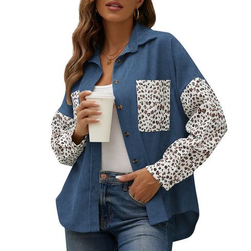 Women's Corduroy Loose Casual Leopard Button Shirt