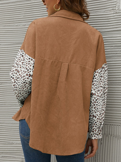 Women's Corduroy Loose Casual Leopard Button Shirt