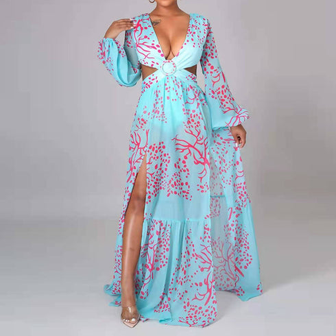 Women's Cut Out Flowy Maxi Long Sleeve Long Dresses