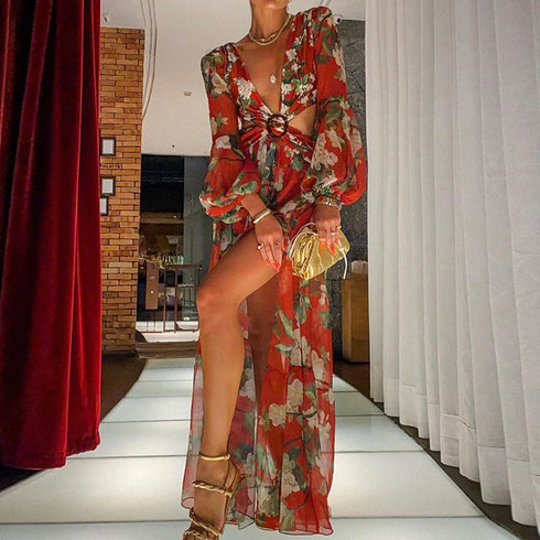 Women's Cut Out Flowy Maxi Long Sleeve Long Dresses