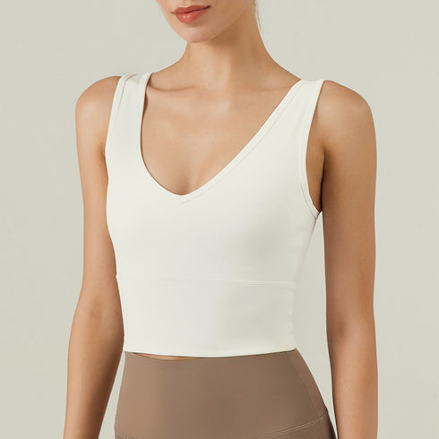 Women's Deep V-Neck Breathable Fitness Tank Bra Pads
