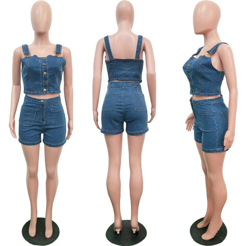 Women's Denim Halter Tops Shorts Two Piece Outfits
