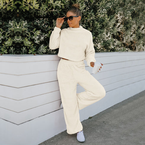 Women's Double Faced Pile Suit Two Piece Outfits Loungewear