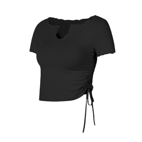 Women's Drawstring Short Sleeve U-Neck Fitness Yoga T-Shirt